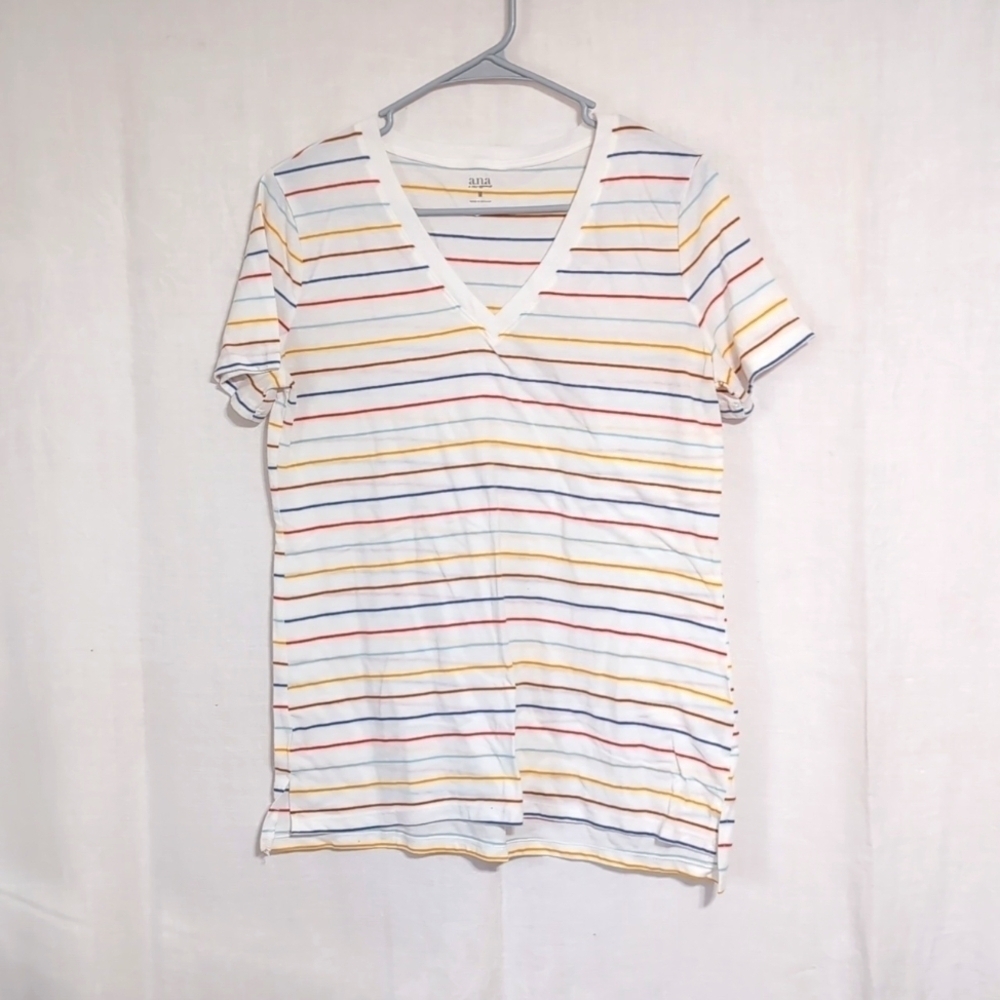 ana White Vneck Tee Multicolored Stripes Size Medium